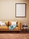 modern living room with beige wall room mockup stylish, Retro living room interior