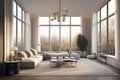 modern living room with big french windows, 3d rendering