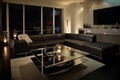 modern living room, with black leather sectional and glass coffee table, surrounded by candlelit ambiance