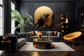 modern living room with black wall and golden decor pieces ai generated Royalty Free Stock Photo