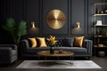 modern living room with black wall and golden decor pieces ai generated Royalty Free Stock Photo