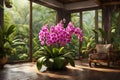 Modern living room with blooming pink orchids tropical style. Beautiful view and big window.