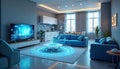 Modern living room with blue sofas, white tech interface. Holographic smart home tech displayed. Virtual reality, icons visible Royalty Free Stock Photo