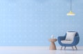 Modern living room with blue and white dot wallpaper 3d rendering image. Royalty Free Stock Photo