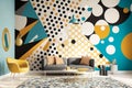 Modern living room with blue and yellow accents. Generative AI Royalty Free Stock Photo