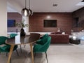 Modern living room combined with dining room. Wall mounted tv unit stand on a wooden wall made of planks. Green, burgundy, brown,