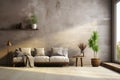 Modern living room with a couch or sofa, a table, plants and wooden floor, minimal lifestyle, empty wall