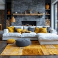 Modern living room with a cozy fireplace, stylish interior design, and vibrant yellow accents Royalty Free Stock Photo