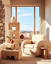 Modern living room with curved armchair. mountain view from window Generative AI