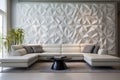 A modern living room with a 3D geometric wall pattern behind Royalty Free Stock Photo
