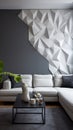 A modern living room with a 3D geometric wall pattern in shades of gray, Royalty Free Stock Photo