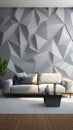 A modern living room with a 3D geometric wall pattern in shades of gray, Royalty Free Stock Photo