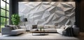 A modern living room with a 3D geometric wall pattern in shades of grey, Royalty Free Stock Photo