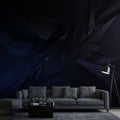 Modern living room with a dark, geometric-patterned wall creating a dramatic Royalty Free Stock Photo
