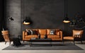 Modern living room in a dark style. A stylish office of a psychologist, a sofa and an armchair Royalty Free Stock Photo