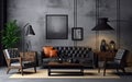 Modern living room in a dark style. A stylish office of a psychologist, a sofa and an armchair Royalty Free Stock Photo