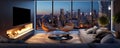 Modern living room decorated in grey color and through the large windows you can see the city at night. Generative AI Royalty Free Stock Photo