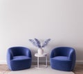 Modern living room design, blue minimal armchairs with trendy home accessories