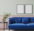 Modern living room design, blue sofa on bright interior background Royalty Free Stock Photo