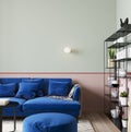 Modern living room design, blue sofa on bright interior background Royalty Free Stock Photo