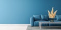Modern living room design with empty blue mock up wall and blue sofa
