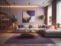 modern living room design with glass walls, equipped with a mix of white and purple, generative photo ai