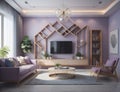 modern living room design with glass walls and purple walls, generative photo ai