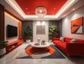 modern living room design with glass walls and red sofa, generative photo ai