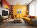 modern living room design with glass walls and yellow sofa, generative photo ai