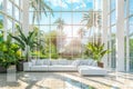 Modern Living Room Design, Luxury Elegant Interior, Green Plants, Panoramic Windows, Copy Space Royalty Free Stock Photo