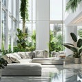 Modern Living Room Design, Luxury Elegant Interior, Green Plants, Panoramic Windows, Copy Space Royalty Free Stock Photo