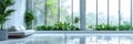 Modern Living Room Design, Luxury Elegant Interior, Green Plants, Panoramic Windows, Copy Space Royalty Free Stock Photo