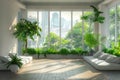 Modern Living Room Design, Luxury Elegant Interior, Green Plants, Panoramic Windows, Copy Space Royalty Free Stock Photo