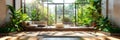 Modern Living Room Design, Luxury Elegant Interior, Green Plants, Panoramic Windows, Copy Space Royalty Free Stock Photo