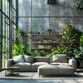 Modern Living Room Design, Luxury Elegant Interior, Green Plants, Panoramic Windows, Copy Space Royalty Free Stock Photo