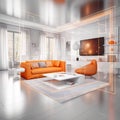 Modern living room design with an orange couch and an armchair. AI-generated. Royalty Free Stock Photo