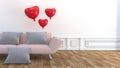 Modern Living Room design - pink sofa, pillow and balloons, wooden floor on empty white wall. 3D rendering