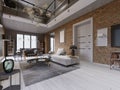 Modern living room with dining area and dining table in a loft-style apartment