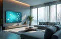 Modern living room displays smart home interface on large TV screen. Connected devices, data visualization. Interior shows Royalty Free Stock Photo
