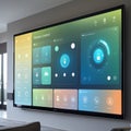 A modern living room features a large screen displaying a smart home control interface. Royalty Free Stock Photo
