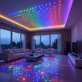 Modern living room featuring a ceiling with multicolored LED lights creating dynamic patterns that reflect onto the shiny floor Royalty Free Stock Photo
