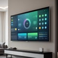 Modern living room featuring a large wall-mounted smart TV displaying an interactive smart home control interface. Royalty Free Stock Photo