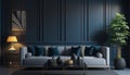 A sleek, stylish modern living room with grey sofa set against a dark blue accent wall with plant and lamp. Generative AI Royalty Free Stock Photo