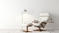 A modern living room featuring a plush white leather armchair, a chic lamp, and a sleek side table, exuding an air of luxury and Royalty Free Stock Photo