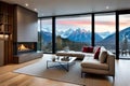 Modern Living Room With Fireplace, Forest Challet Interior In Winter, Snowy Mountain View Out Of Windows. Generative AI Royalty Free Stock Photo