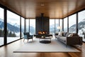 Modern Living Room With Fireplace, Forest Challet Interior In Winter, Snowy Mountain View Out Of Windows. Generative AI Royalty Free Stock Photo