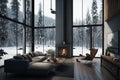 Modern living room with fireplace, forest challet interior in winter, snowy mountain view out of windows Royalty Free Stock Photo