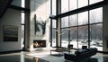Modern living room with a fireplace. Leather furniture and couches. Glass windows architecture.