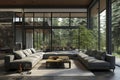 modern living room with floor-to-ceiling windows overlooking a forest, featuring gray sofas and a fireplace, ai generative Royalty Free Stock Photo