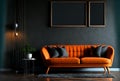 Modern living room have orange leather sofa and decoration minimal on a dark wall Royalty Free Stock Photo